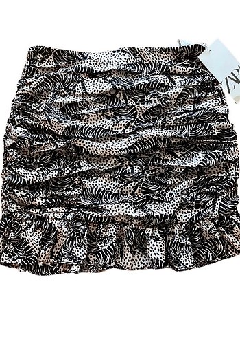 Kahverengi Deapeli Desenli Fırfırlı Mini Zara Etek