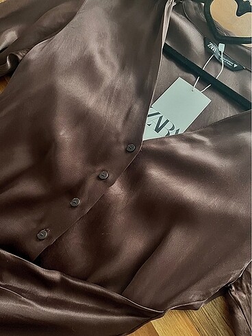 xs Beden kahverengi Renk Zara Saten Elbise