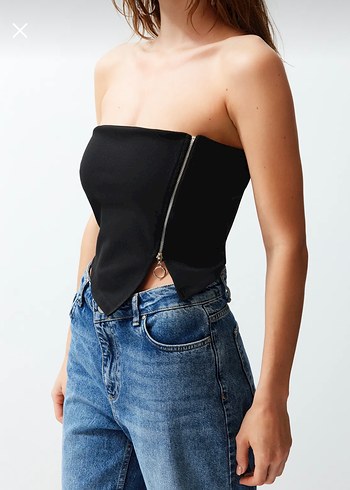 s Beden Siyah Fermuarlı Straplez Denim Büstiyer