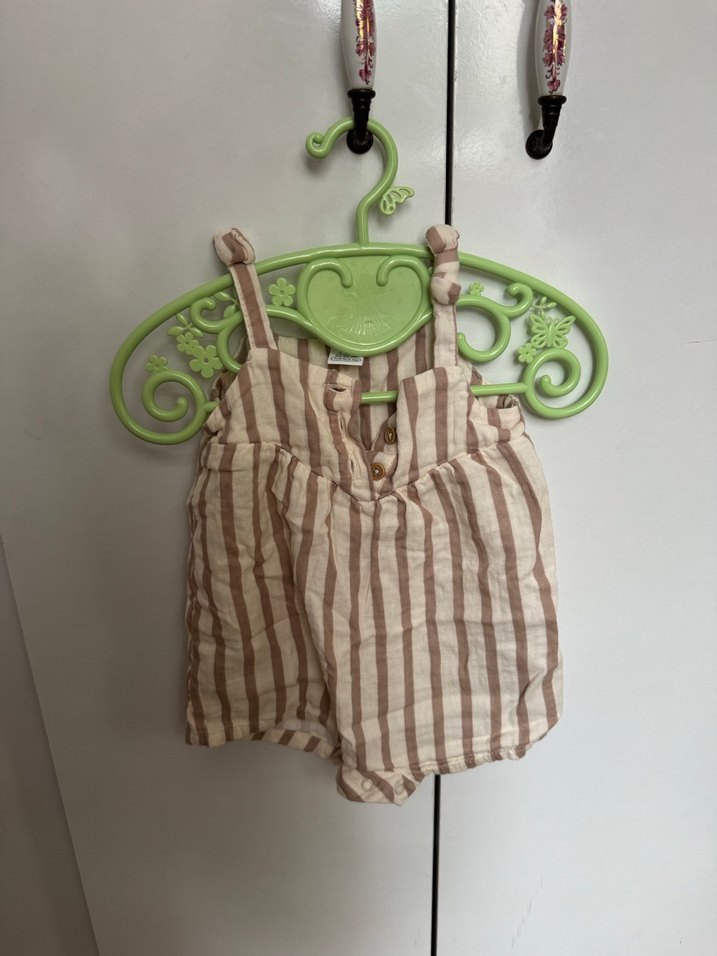 Bej Çizgili Askılı Bebek Tulum - Görsel 4