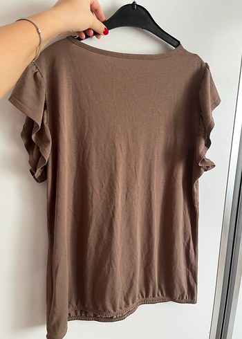 Düğmeli V Yakalı Kahverengi Keten Bluz - Görsel 2