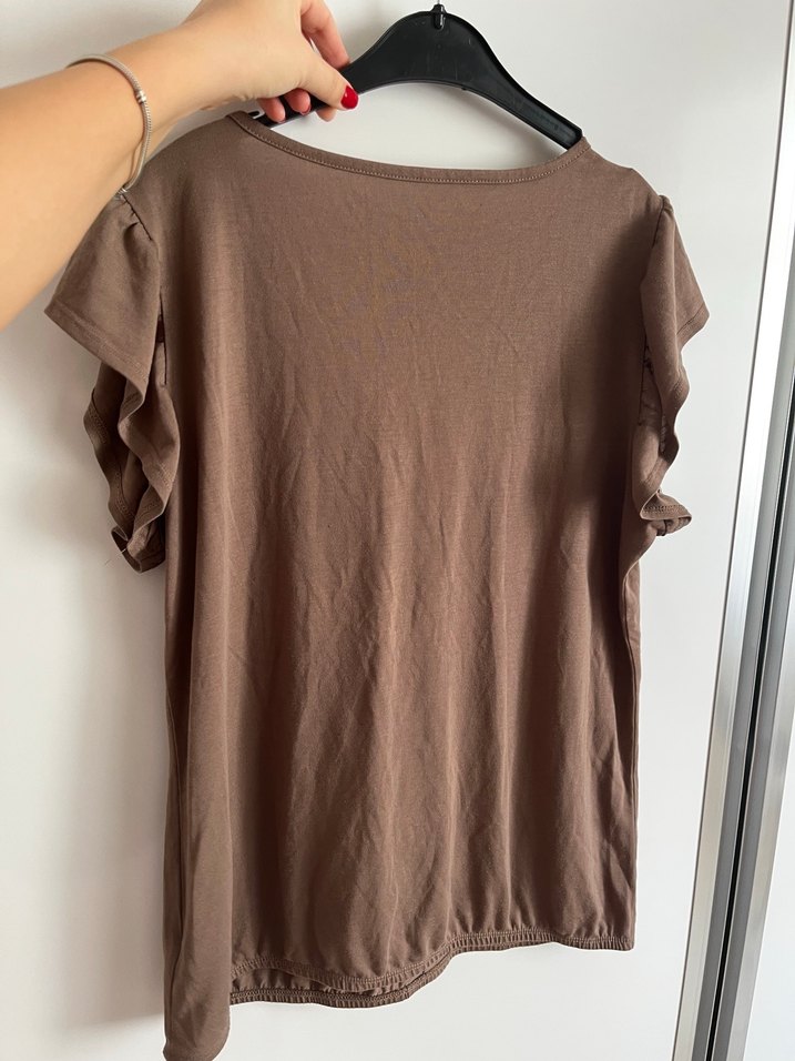 Düğmeli V Yakalı Kahverengi Keten Bluz - Görsel 2