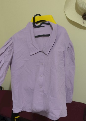 Mor Düğmeli Kısa Kollu Keten Gömlek - Görsel 3