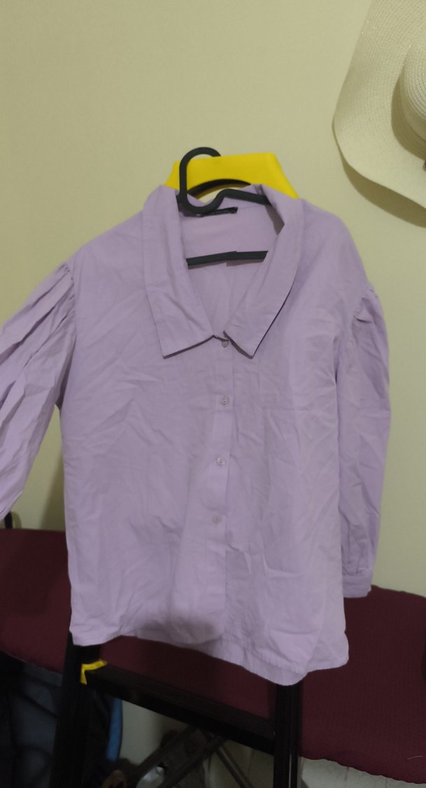 Mor Düğmeli Kısa Kollu Keten Gömlek - Görsel 2