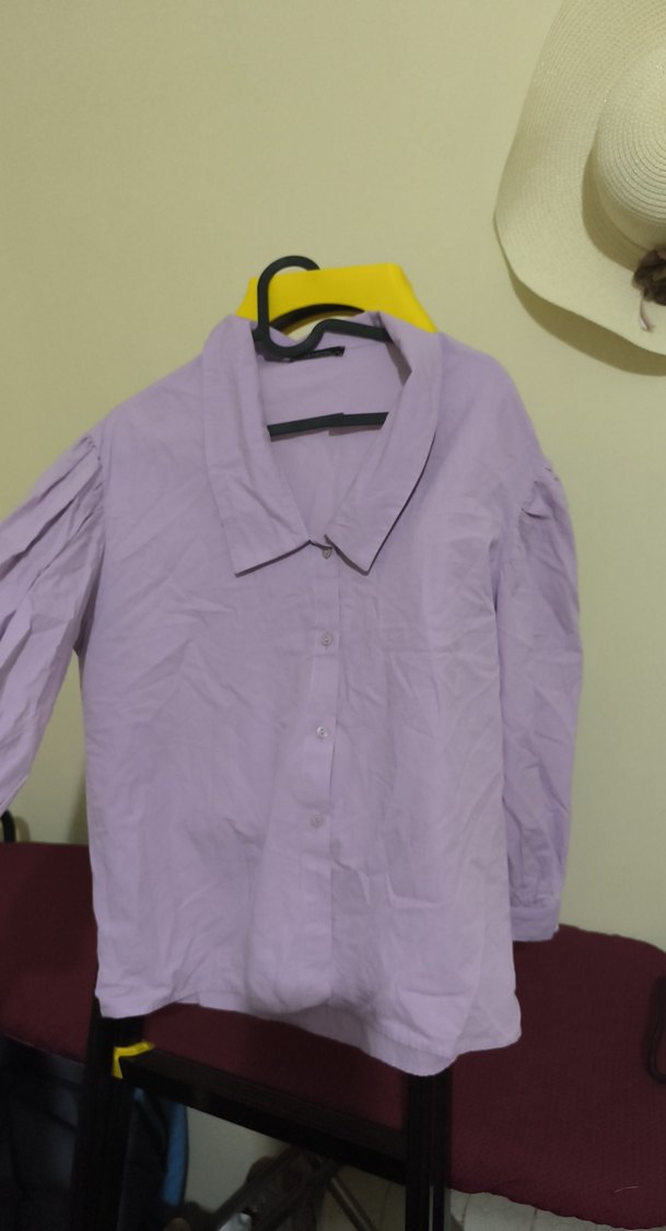 Mor Düğmeli Kısa Kollu Keten Gömlek - Görsel 3