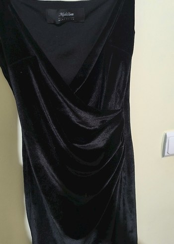 Siyah Drapeli V Yakalı Midi Kadın Elbise - Görsel 2