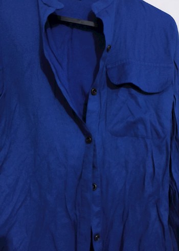 Mavi Düğmeli Keten Kadın Gömlek - Görsel 2