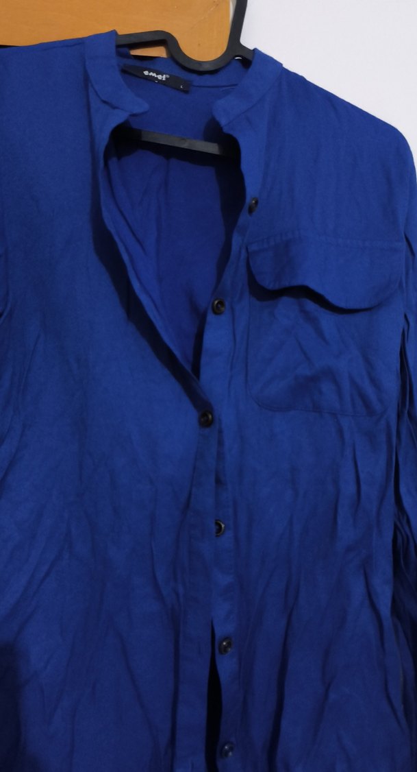 Mavi Düğmeli Keten Kadın Gömlek - Görsel 2