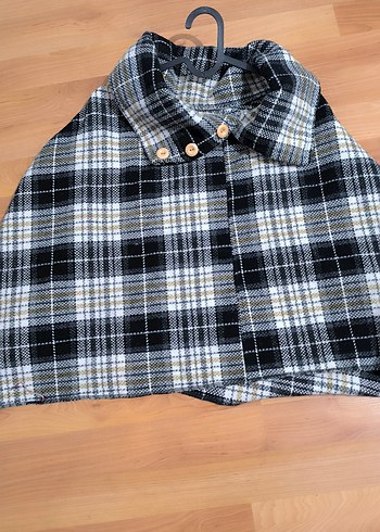 Düğmeli Gri Ekose Kadın Panço - Görsel 3