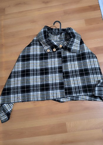 Düğmeli Gri Ekose Kadın Panço - Görsel 2