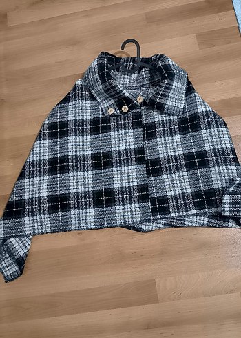 Düğmeli Gri Ekose Kadın Panço - Görsel 5