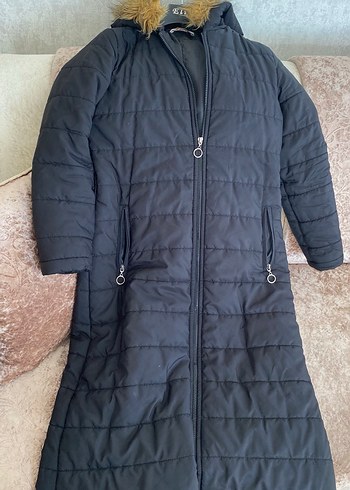 Uzun Siyah Fermuarlı Kadın Kışlık Ceket - Görsel 2