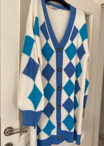 Mavi Ekose Desenli Uzun Triko Hırka - Görsel 2