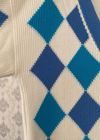 Mavi Ekose Desenli Uzun Triko Hırka - Görsel 7