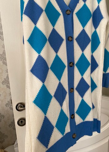 Mavi Ekose Desenli Uzun Triko Hırka - Görsel 4