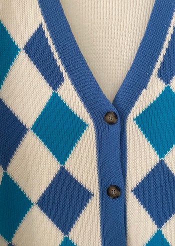 Mavi Ekose Desenli Uzun Triko Hırka - Görsel 5