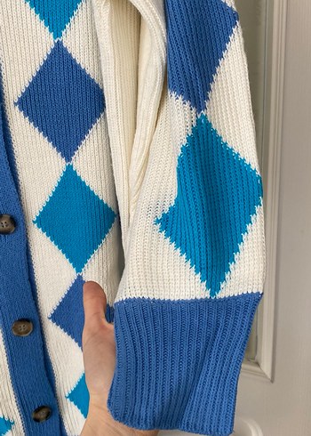 Mavi Ekose Desenli Uzun Triko Hırka - Görsel 8