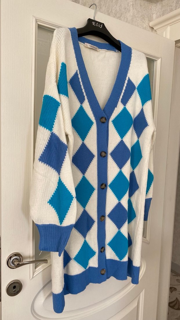 Mavi Ekose Desenli Uzun Triko Hırka - Görsel 2