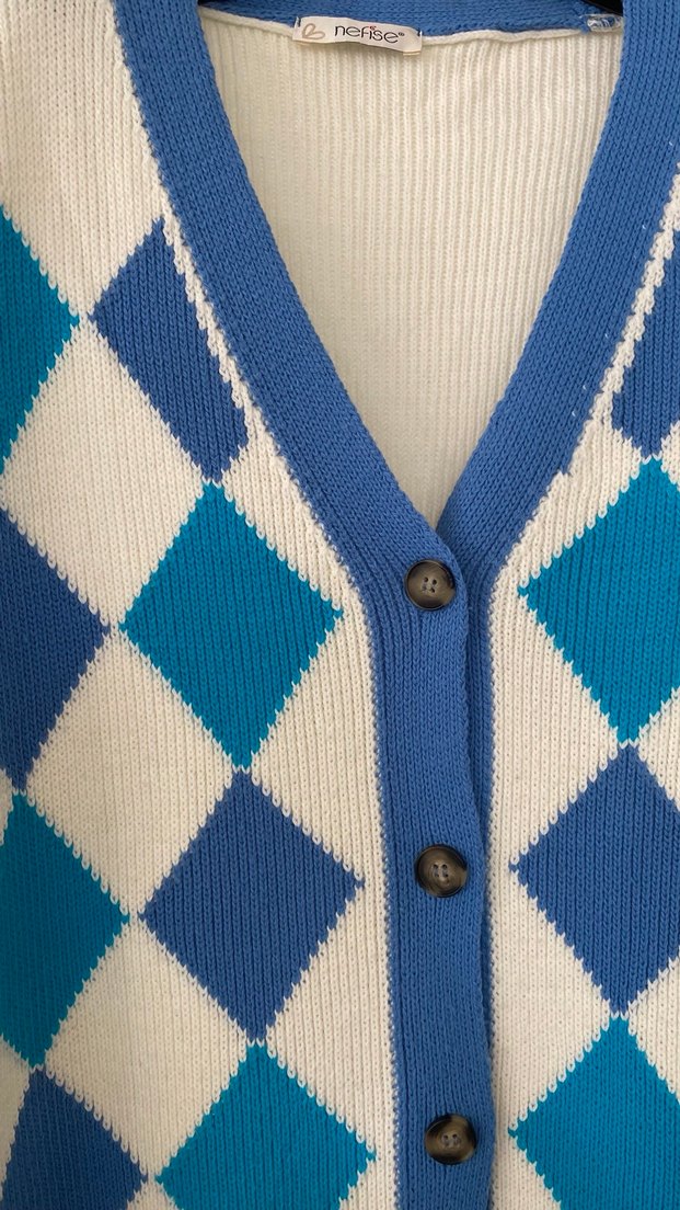 Mavi Ekose Desenli Uzun Triko Hırka - Görsel 5