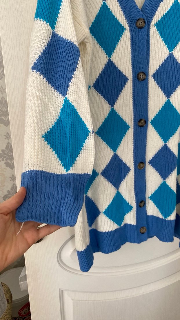 Mavi Ekose Desenli Uzun Triko Hırka - Görsel 3