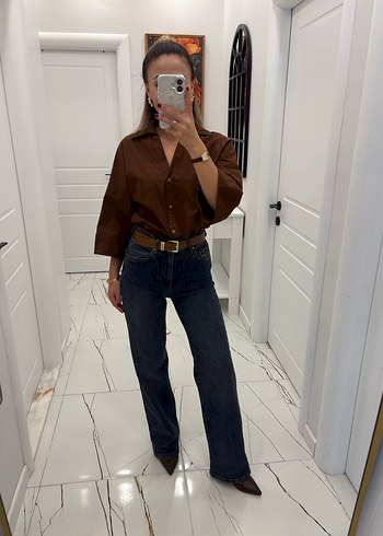 Kahverengi Kemerli Kadın Denim Pantolon - Görsel 2