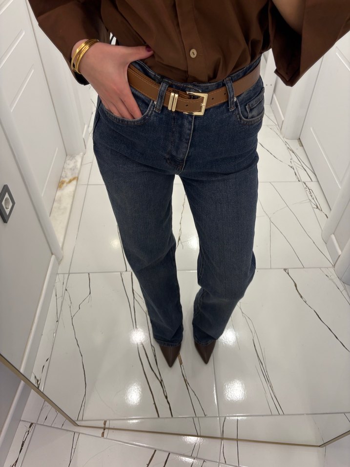 Kahverengi Kemerli Kadın Denim Pantolon - Görsel 4