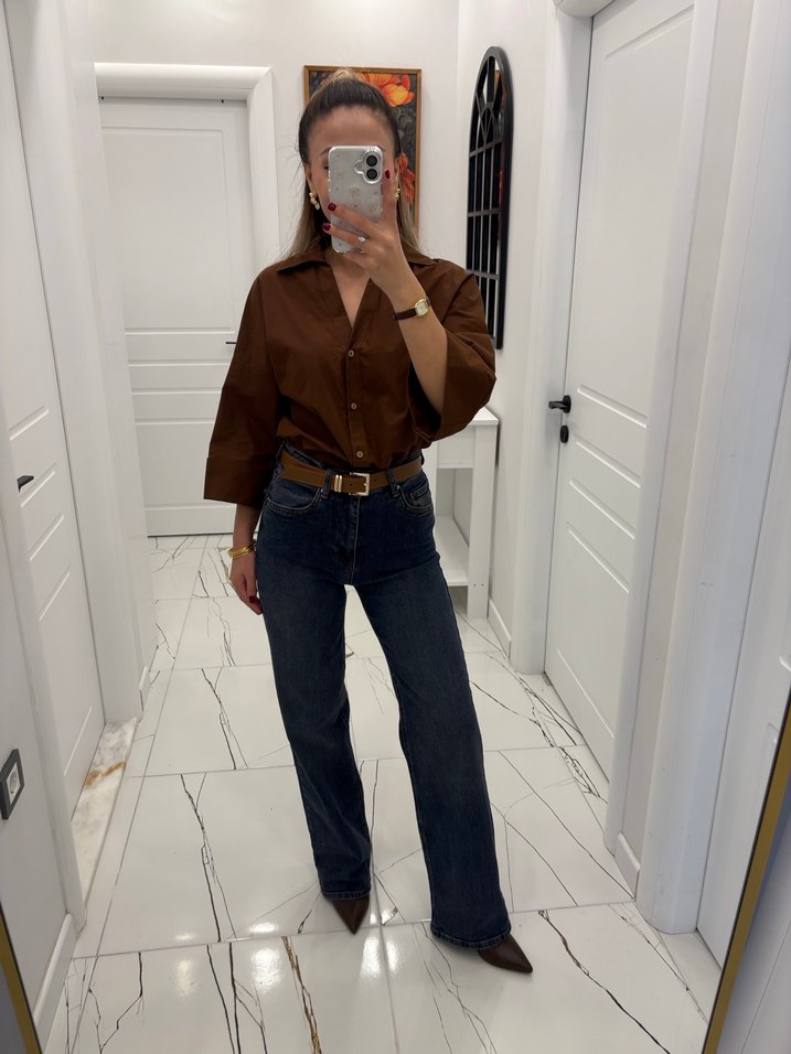 Kahverengi Kemerli Kadın Denim Pantolon - Görsel 2