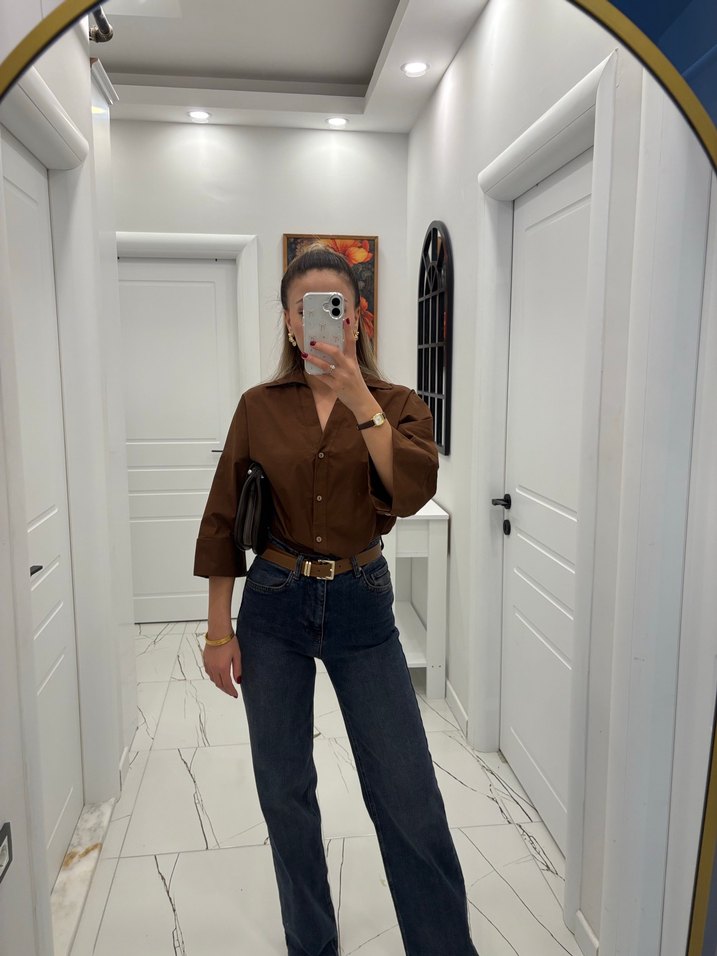 Kahverengi Kemerli Kadın Denim Pantolon - Görsel 3