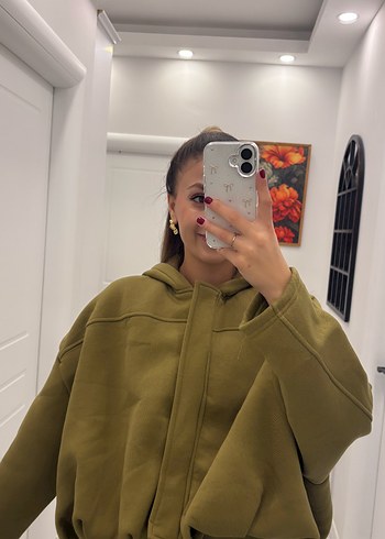 Kadın Haki Kapüşonlu Oversize Eşofman Takımı - Görsel 4