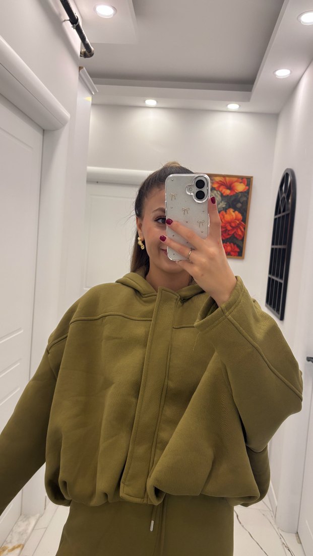 Kadın Haki Kapüşonlu Oversize Eşofman Takımı - Görsel 4