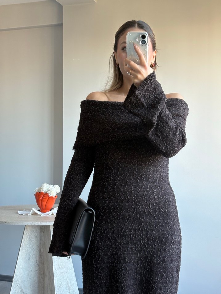 Uzun Kollu antrasit  Triko Elbise standart beden - Görsel 4