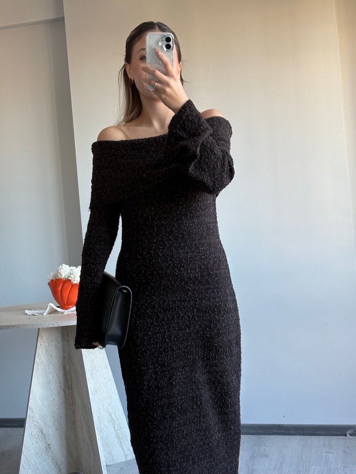 Uzun Kollu antrasit  Triko Elbise standart beden - Görsel 2