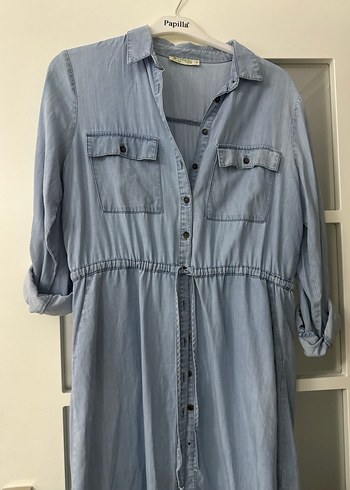 42 Beden Düğmeli Mavi Denim Midi Elbise