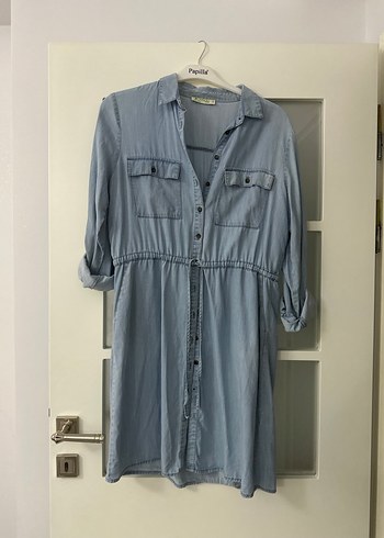 Düğmeli Mavi Denim Midi Elbise