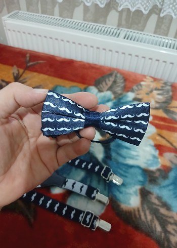 Çocuklar için Kravat Desenli Askı ve Papyon Seti - Görsel 3