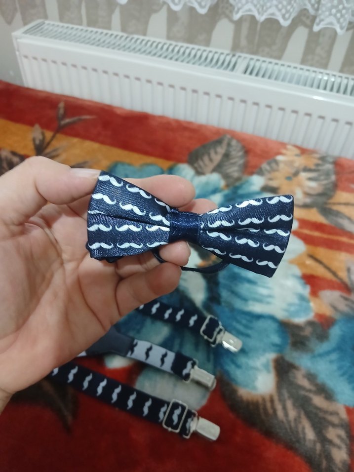 Çocuklar için Kravat Desenli Askı ve Papyon Seti - Görsel 3