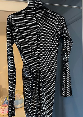 Uzun Kollu Siyah Pul Payetli Puantiyeli Elbise - Görsel 3