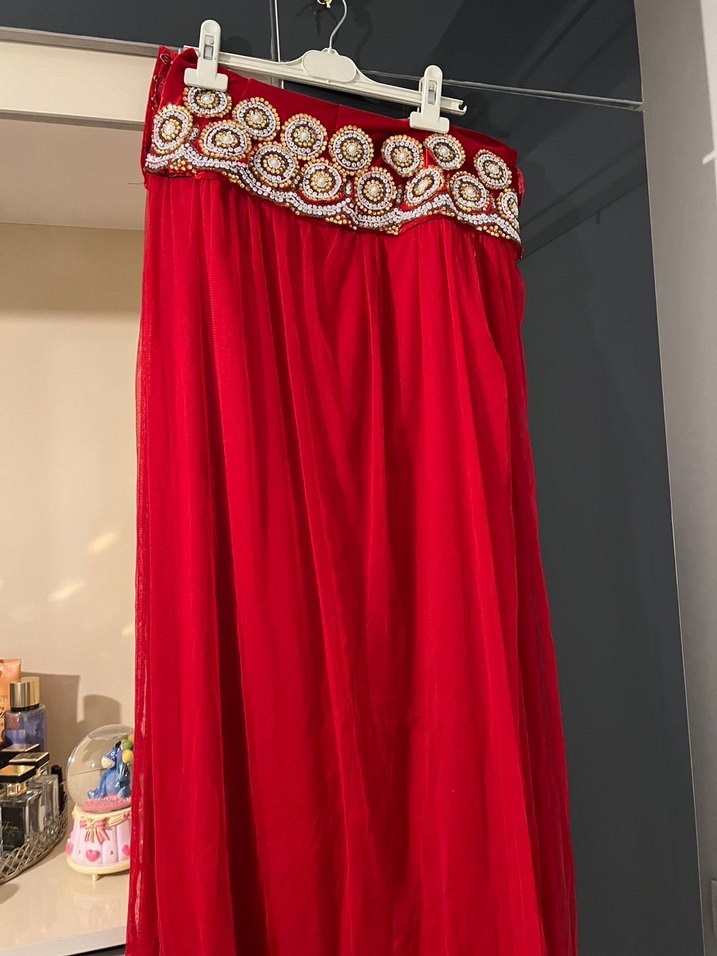 Nakışlı Kırmızı Uzun oryantal eteği - Görsel 3