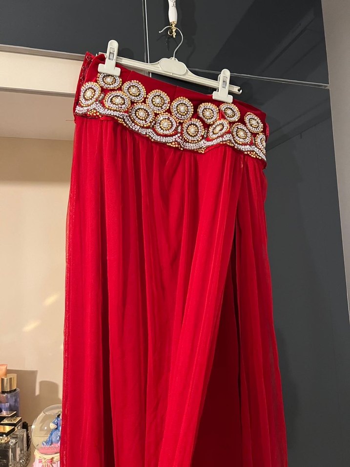 Nakışlı Kırmızı Uzun oryantal eteği - Görsel 2