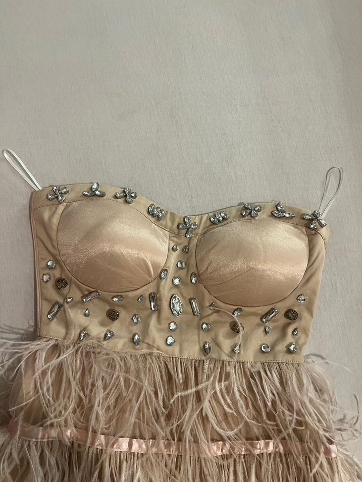 Tüy Detaylı Mini Straplez elbise - Görsel 2