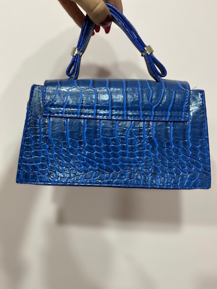 Mavi Parlak Deri Yılan Desenli Kadın Çanta - Görsel 3