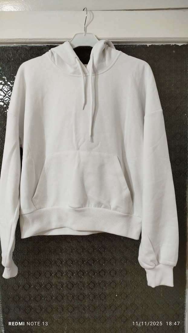 Kadın Beyaz Kapüşonlu Oversize Sweatshirt - Görsel 2