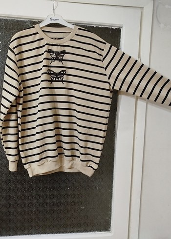 Bej Çizgili Uzun Kollu Kadın Tişört - Görsel 2