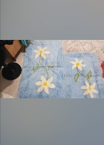 Mavi Çiçek Desenli Bohem Halı