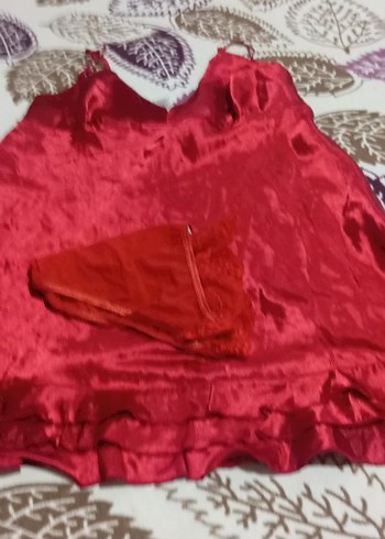 Parlak Kırmızı Saten Bohem Kadın Gecelik - Görsel 4