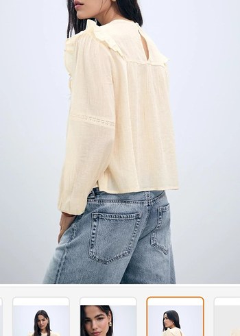 Stradivarius Bej Bohem Uzun Kollu Keten Bluz - Görsel 2