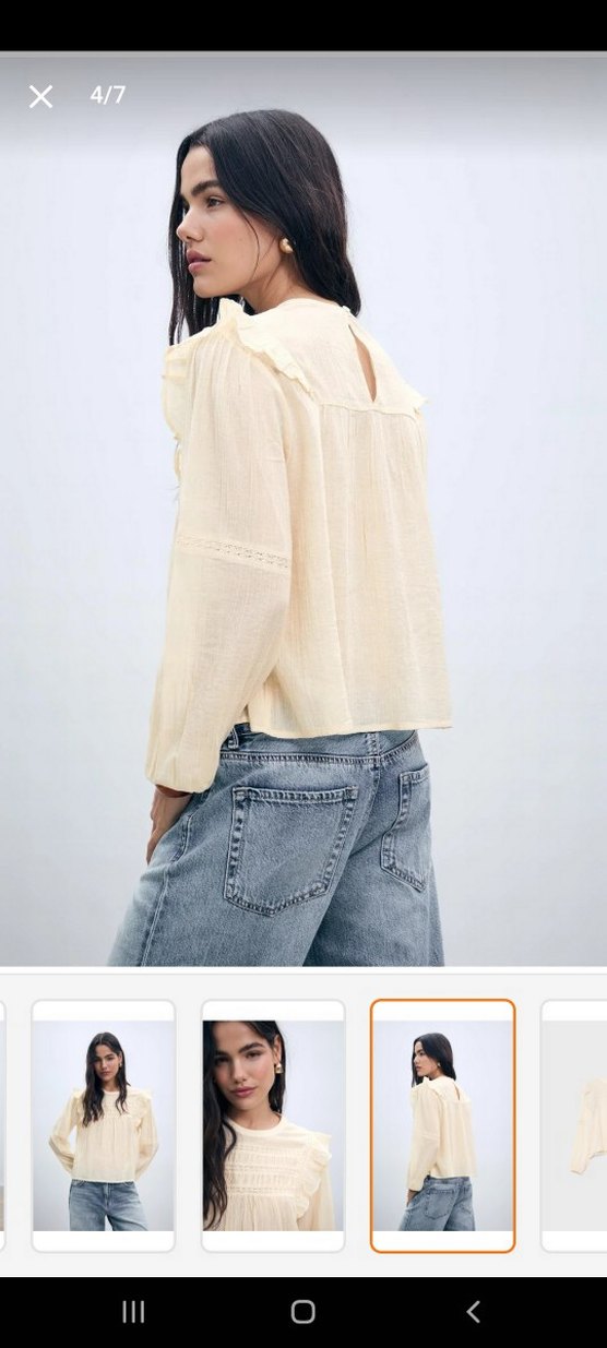 Stradivarius Bej Bohem Uzun Kollu Keten Bluz - Görsel 2