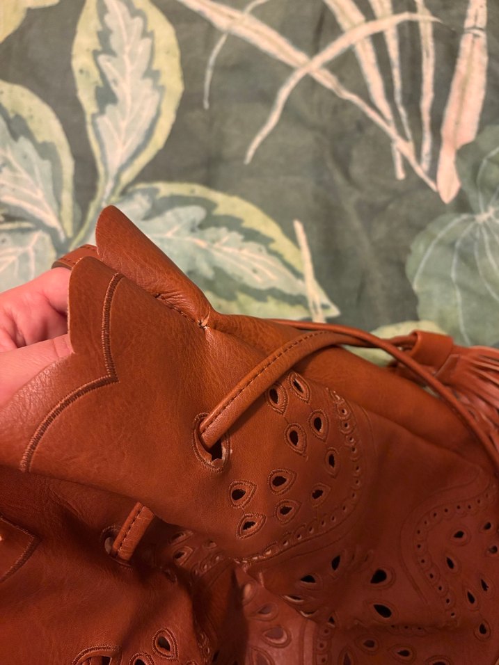 Dantel İşlemeli Kahverengi Deri Kadın Çanta - Görsel 4