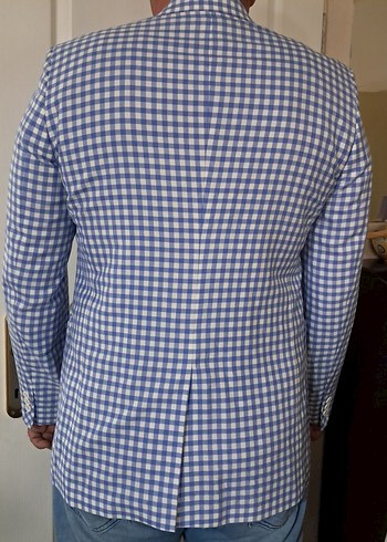 Erkek Mavi Kareli Notch Yaka Ceket - Görsel 3