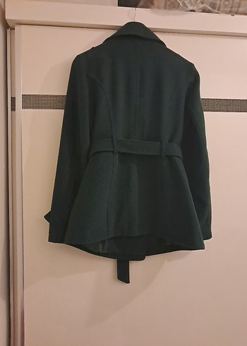 Kemerli Çift Düğmeli Koyu Yeşil Kaban - Görsel 3